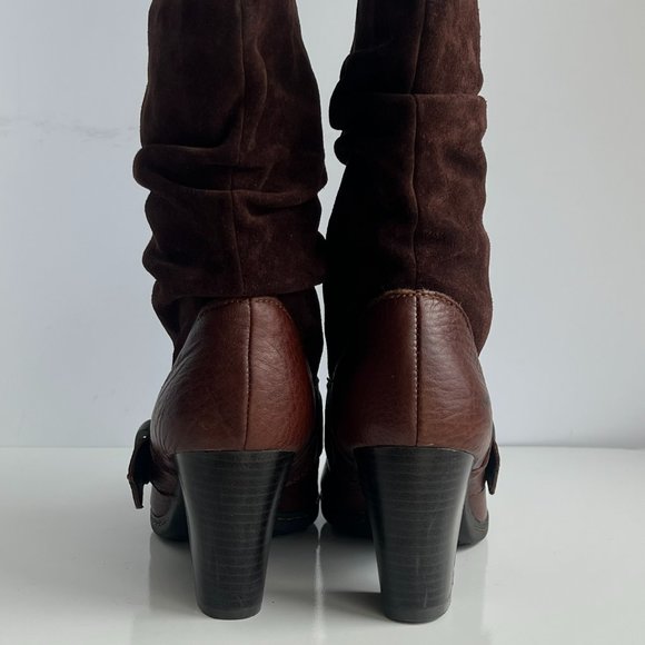 BOC BORN Chocolate Brown Leather Boho Buckle Pull On Mid Calf Block Heel Boots - Picture 7 of 14